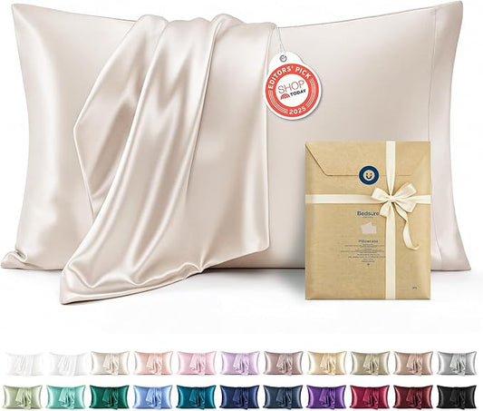 Bedsure King Size Satin Pillowcase Set of 2 - Beige Silky Pillow Cases for Hair and Skin with Envelope Closure, Similar to...