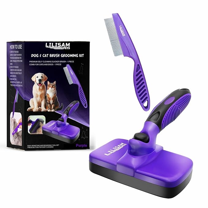 Pet Self Cleaning Slicker Brush and Grooming Comb - Gently Removes Loose Hair, Tangles, and Dirt - Skin Friendly Desheddin...