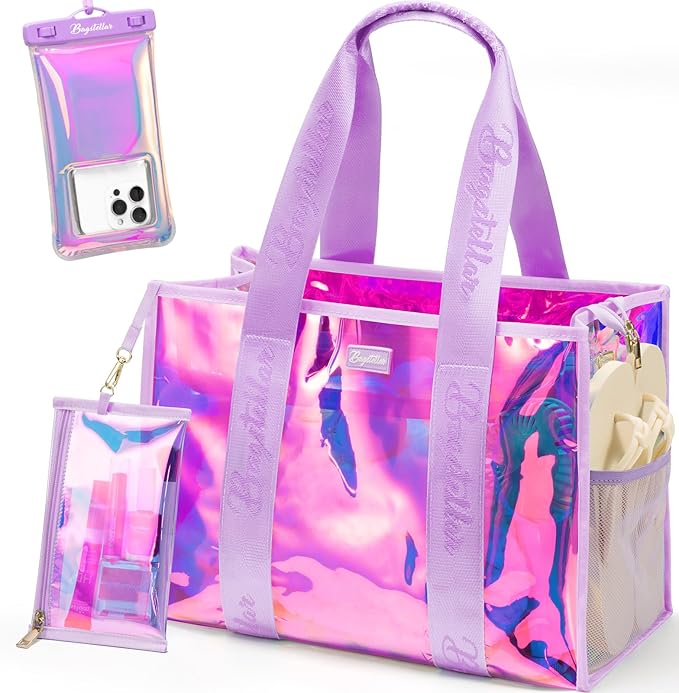 Bagstellar Iridescent Beach Tote Bags for Women, Large Zipper Beach Pool Swim Bag with Makeup Bag & Waterproof Phone Pouch...