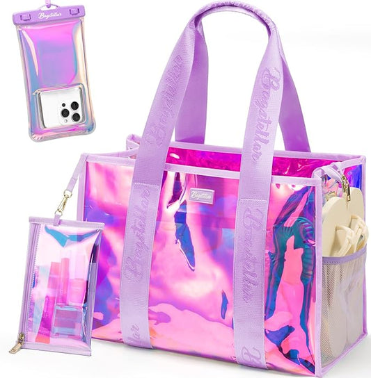 Bagstellar Iridescent Beach Tote Bags for Women, Large Zipper Beach Pool Swim Bag with Makeup Bag & Waterproof Phone Pouch...