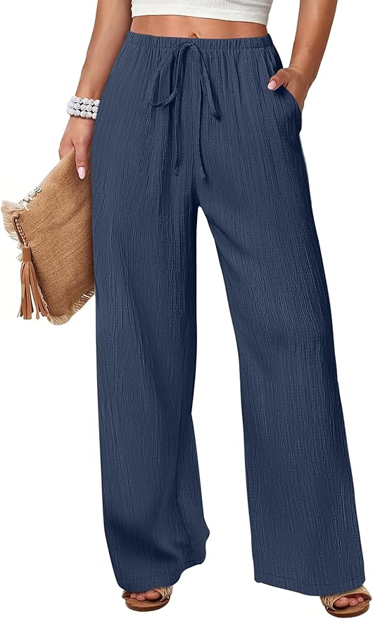 ANRABESS Women's Wide Leg Beach Pants Elastic Waist Lightweight Casual Flowy Palazzo Lounge Trousers with Pockets