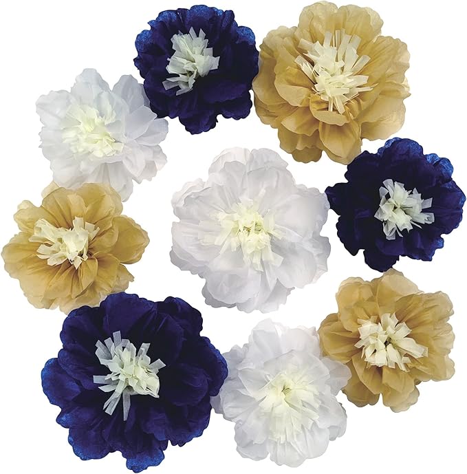 Mybbshower 12 PCS Navy Blue Gold Tissue Paper Flowers for Birthday Baby Bridal Shower Wedding Bachelorette Navy Blue Anniv...