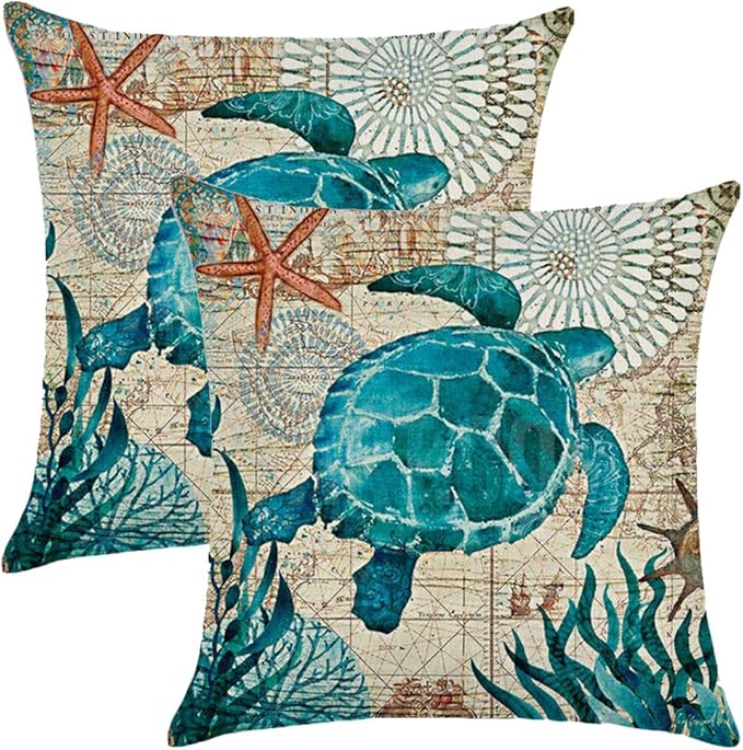 ULOVE LOVE YOURSELF Sea Turtle Throw Pillow Case Mediterranean Style Sea Theme Decorative Square Cotton Linen Cushion Cove...