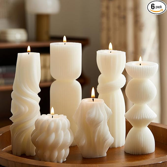 6 Pcs Small Handmade Ribbed Pillar Candle Set, Soy Wax Modern Home Decor for Living Room Bedroom, Aesthetic Table & Shelf ...