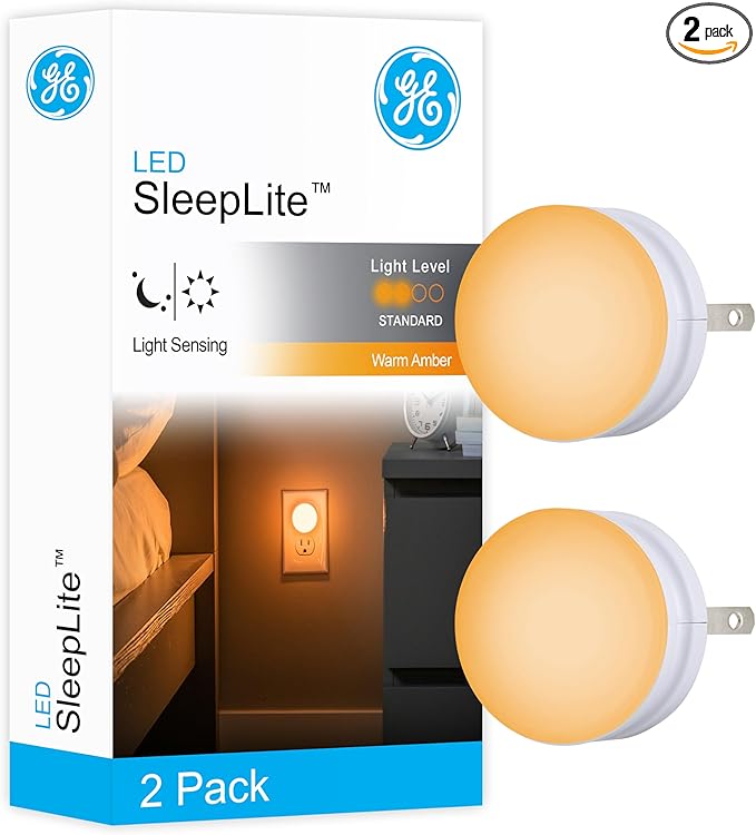 GE SleepLite LED Night Light, 2 Pack, Dusk-to-Dawn Sensor, Sleep Light, Dim Light, Warm Amber, Compact, Ideal for Bedroom,...