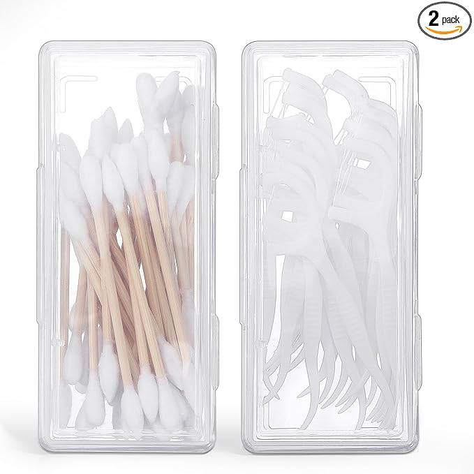 Portable Travel Cotton Swab Holder, 2 Pcs Clear Plastic Cotton Pad Storage Container, Small Dental Floss Picks Case with D...