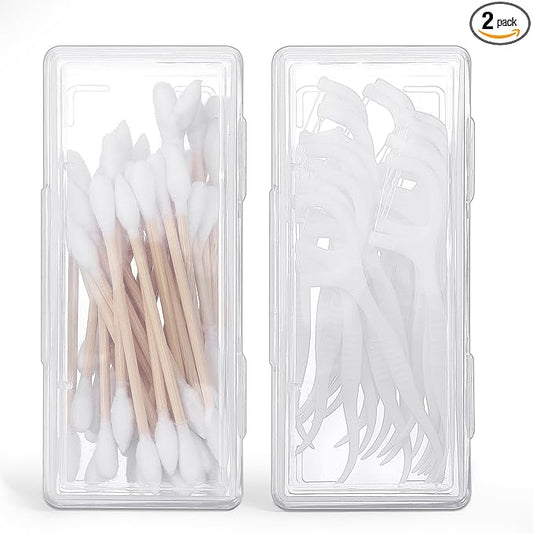 Portable Travel Cotton Swab Holder, 2 Pcs Clear Plastic Cotton Pad Storage Container, Small Dental Floss Picks Case with D...