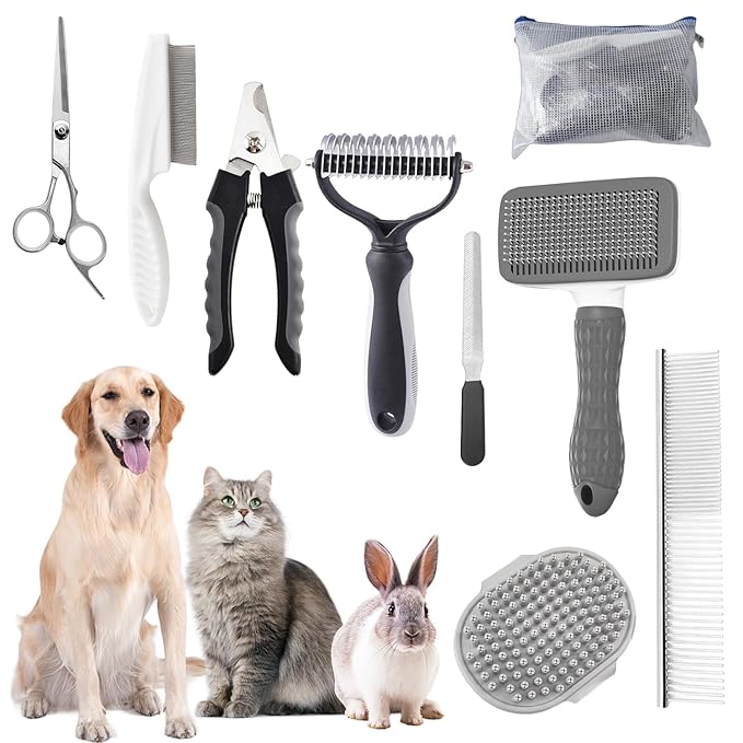 KUEIOX Dog Brush for Shedding,9 PCS in One Pet Slicker Hair Brush Kit with Pet Nail Clipper and File - Dog Cat Grooming De...