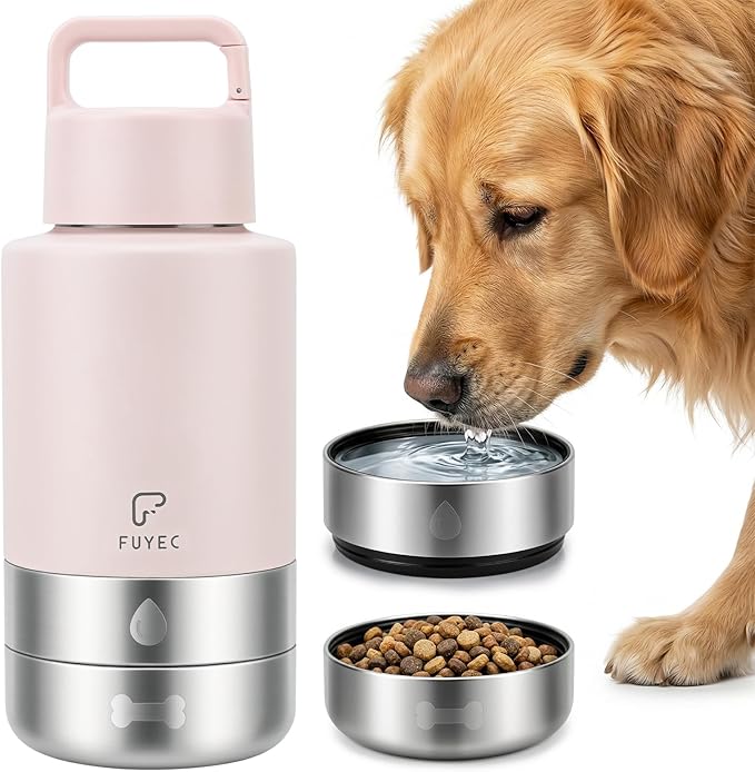 FUYEC Dog Water Bottle 32oz, Insulated Stainless Steel Travel Water Dispenser with 2 Detachable Dog Bowls for Food and Wat...