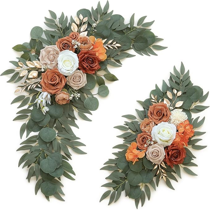 Olalaka Artificial Flower Swag Set of 2 for Wedding Welcome Signs Floral Decorations, Burnt Orange Wedding Arch Flowers fo...