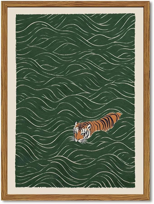 Framed Japanese Tiger Wall Art, Vintage Tiger Swimming Pictures Wall Decor, Funny Wild Animal Paintings Canvas Prints Ecle...