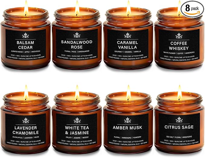 8 Pack Soy Wax Scented Candle Set - Lavender Chamomile, Citrus Sage, Amber Musk, Balsam Cedar, Coffee Whiskey - Long Lasti...
