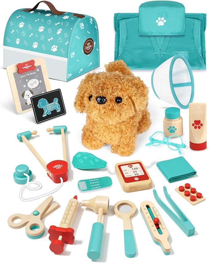 Lehoo Castle Wooden Doctor Kit for Toddlers 3-5 Girls Toys, Vet Toys for Kids, Pretend Play Doctor Set with Puppy, Stethos...