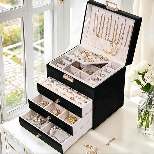 Vandozis Leather Jewelry Box with Lock for Women, 4-Tier 3-Drawer Jewelry Organizer, Large Capacity Vanity Storage Case fo...