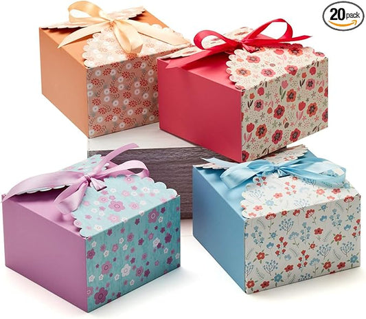 Small Floral Gift Boxes with Lids & Ribbons (20 Pack) 5.8” x 3.7” Empty Decorative Treat Boxes for Gift Giving, Baked Good...