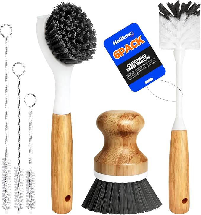 Holikme 6 Pack Dish Brush Scouring Pad Set with Bottle Brush, Dish Brush, Palm Scrub Brush and Straw Brush, Dish Scrubber ...