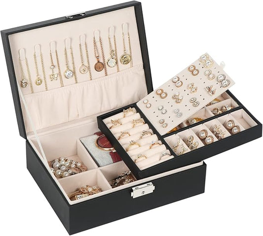 Jewelry Box for Women Girls, 2 Layers Jewelry Organizer Container with Lock, PU Leather Storage Case with Removable Tray, ...