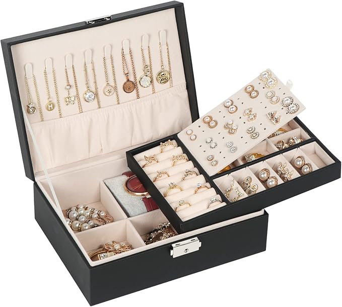 Jewelry Box for Women Girls, 2 Layers Jewelry Organizer Container with Lock, PU Leather Storage Case with Removable Tray, ...