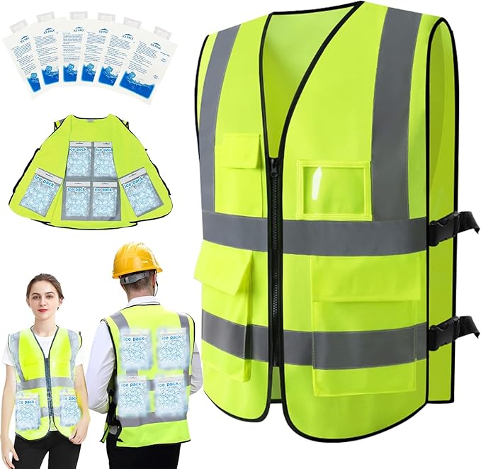 PANGTIKU Cooling Vest with 20pcs Gel Ice Pack - Ice Safety Vest for Men Women High Visibility Reflective for Hot Weather Work