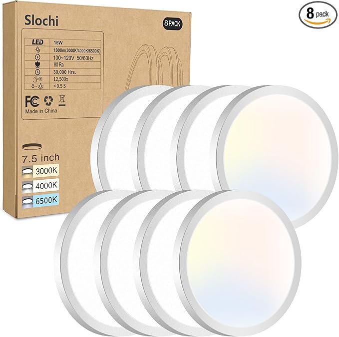 8PACK LED Flush Mount Ceiling Light Fixture, 3000K-4000K-6500K & 100W Equivalent Modern Kitchen Recessed Ceiling Lamp 15W ...