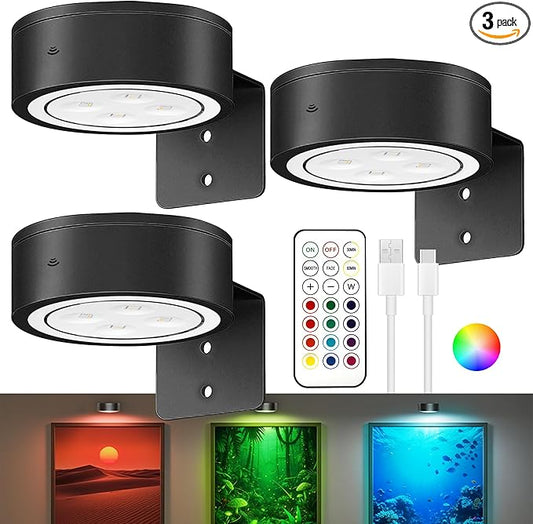 3Pack Picture Lights for Wall, RGB Color Changing Led Art Display Light with Rechargeable Battery Operated, Magnetic Paint...