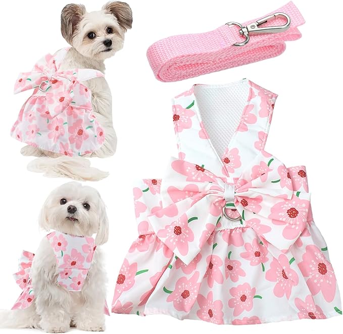 Dog Dress Bowknot Harness Leash Set for Small Girl Dogs Pink Floral Dog Cat Clothes Cute Puppy Outfits Pet Clothes Spring ...