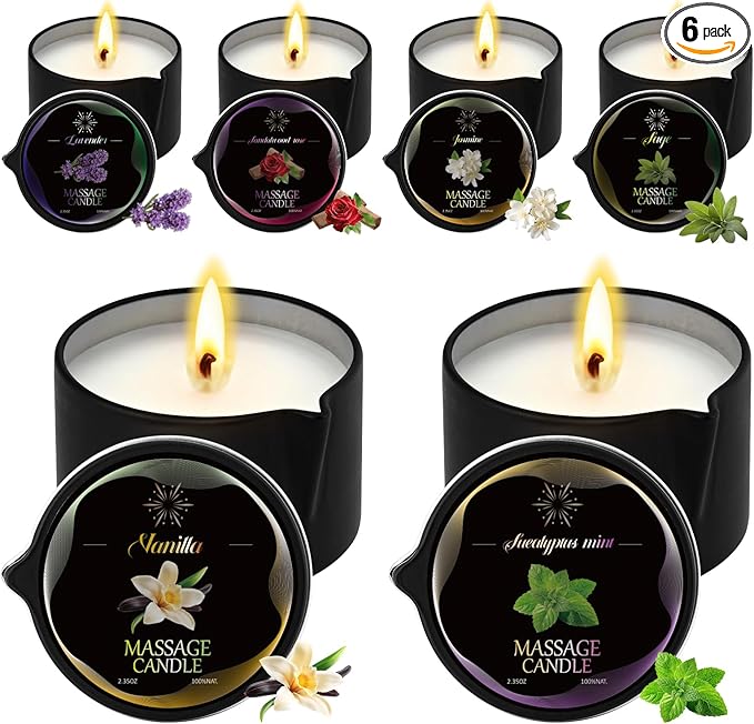 LCZLUMIPRO 6 Pack Massage Candle Set – 2.35 oz Each, Soy Wax Blend with Lavender, Sandalwood Rose, Jasmine, Vanilla & Mor...