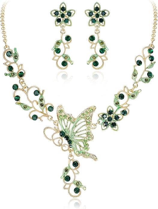 EleQueen Women's Austrian Crystal Butterfly Flower Leaf Necklace Earrings Set