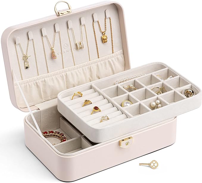 Vlando 2-Layer Jewelry Box,Valentines Day Gifts for Her Jewelry Organizer for Women Removable Jewelry Tray for Earrings Ne...