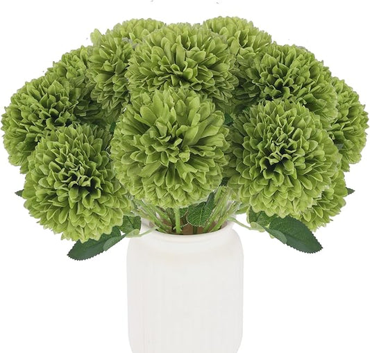 Hananona 12 Pcs Artificial Chrysanthemums Flowers Ball Flower, Fake Mums Flowers Green Silk Flowers for Home Decor Indoor ...