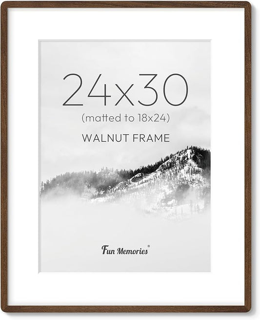24x30 Picture Frame - Solid Walnut Wood Frames with HD Tempered Glass, Handcrafted Rounded Corner 24x30 Frame Matted to 18...