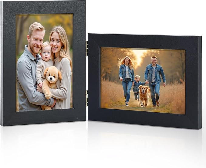 Epecfan 5x7 Double Hinged Picture Frame - Black Foldable Photo Frame with Real Glass, Adjustable Vertical & Horizontal Dis...