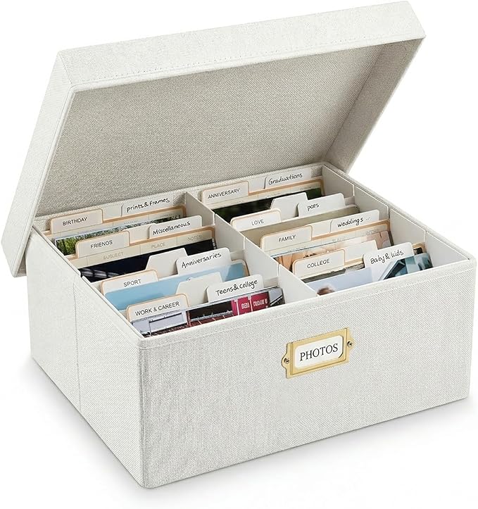 LEARNIBEE Decorative Photo Storage Box, Sturdy Linen Photo Organizer with Dividers & Envelopes, Holds Up to 1700 Pictures ...