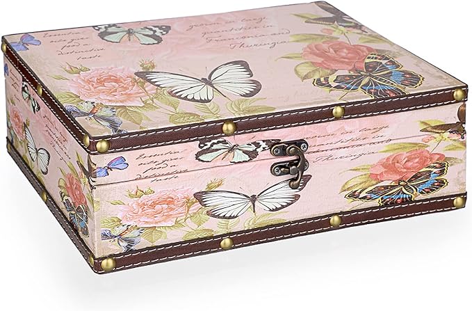 ELLDOO Butterfly Treasure Chest Box, Wooden + PU Leather Storage Decorative Box for Jewelry Trinkets Photos, Rectangular K...