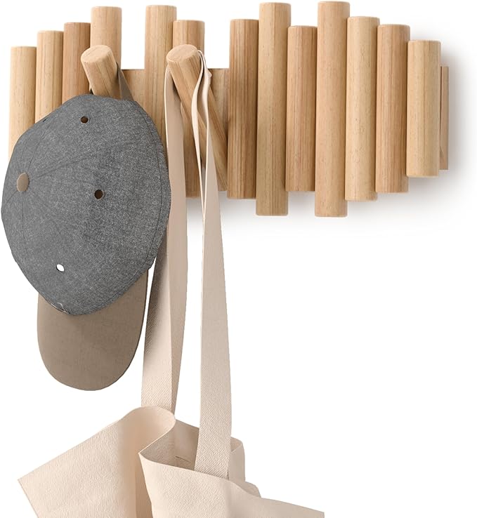 Umbra Picket Coat Rack Wall Mount – 5 Flip-Down Wood Coat Hooks, Modern & Functional Storage, Easy Install Wall Hooks, Nat...