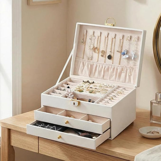 3 Layer Jewelry Box, Jewelry Holder Organizer with Jewelry Organizer Drawer, Large Jewelry Boxes & Organizer with Velvet E...