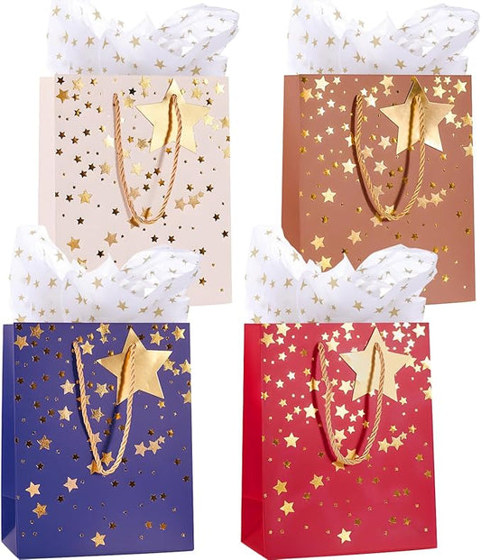 Dimetey Gold and White Gift Bags with Tissue Paper and Gift Tags, 4 Pack, 9x7x4 Inch, Assorted Patterns (Stripes, Dots, St...