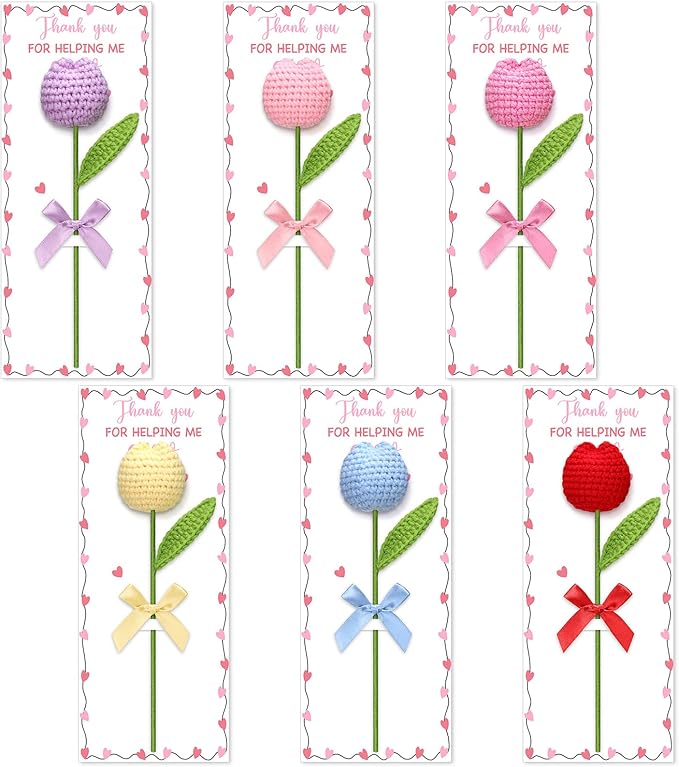 Wavwavw 6 Sets Teacher Appreciation Week Gifts Bulk Positive Handmade Tulip Crochet Flower Thank You for Helping Me Grow F...