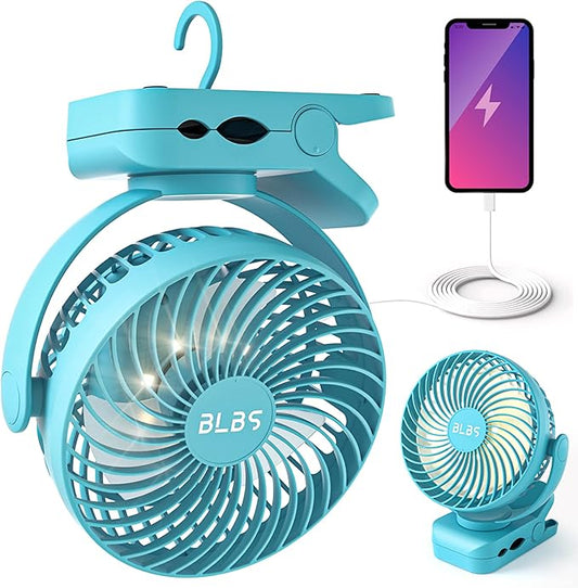 BLBS Clip on Fan 65Hrs Camping Fan with LED Light, 12000mAh Battery Operated Fans & PortableFan Rechargeable, Small Desk F...