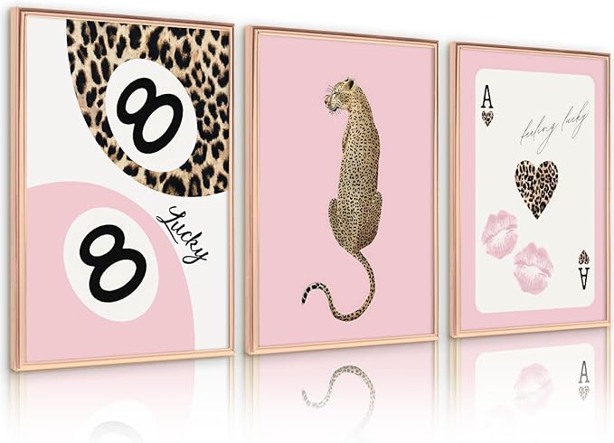 Lhoiplme Cheetah Trendy Wall Art Preppy Leopard Canvas Print Cheetah Room Wall Decor 8 Ball Poster Y2k Pink Coquette Luxur...