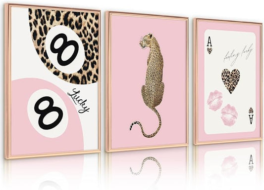 Lhoiplme Cheetah Trendy Wall Art Preppy Leopard Canvas Print Cheetah Room Wall Decor 8 Ball Poster Y2k Pink Coquette Luxur...