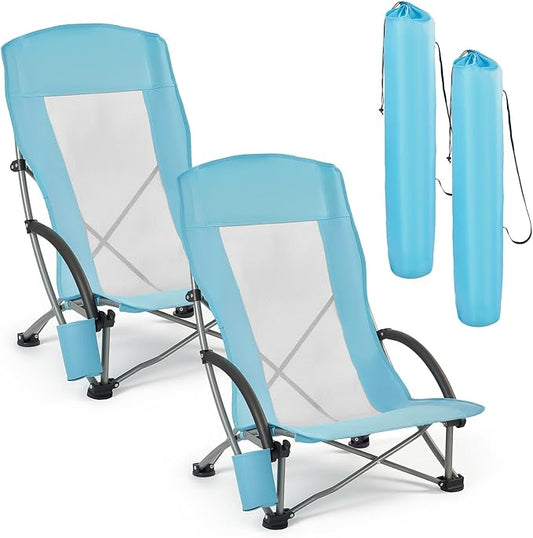 VEVOR Folding Beach Chair, High Back Camping Chairs for Adults, with Cup Pocket, Mesh Back, Carry Bag, Portable Extra Wide...