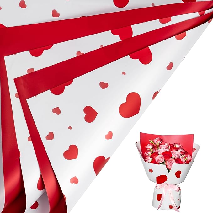 LeZakaa 20 Sheets Flower Wrapping Paper, Red Heart Design Waterproof Floral Bouquet Paper for Valentine's Day, Wedding, An...
