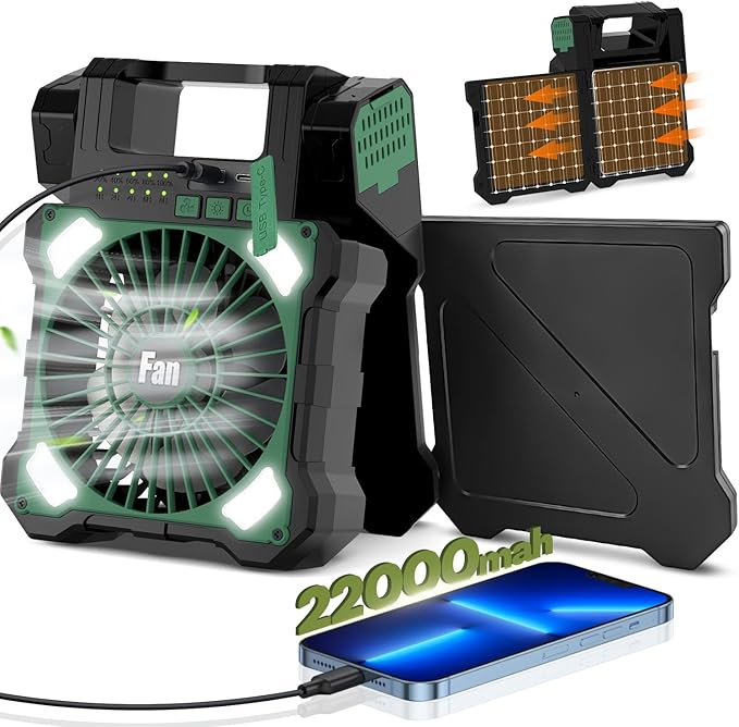 Maraiss 22000mAh Camping Solar Fan, Dual-Panel Rechargeable Solar Powered Fan with LED Light, 5 Adjustable Speeds Battery ...
