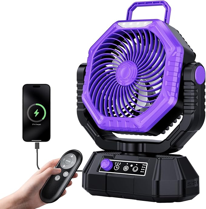 AJVV Camping Fan with Light, Remote and Oscillation, Battery Powered Hanging Tent Fan, Rechargeable Portable for Camp, Out...