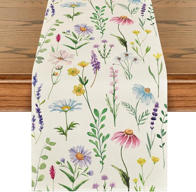 Artoid Mode Wildflowers Floral Eucalyptus Spring Table Runner, Seasonal Summer Kitchen Dining Table Decoration for Home Pa...