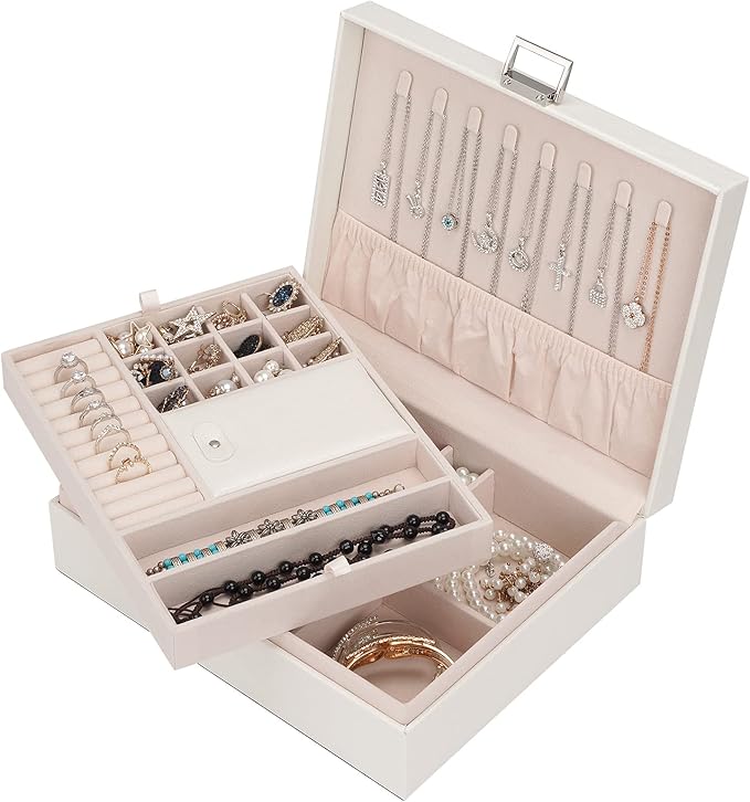 ATAIMEISEN Jewelry Organizer Box for Girls Women - Double Layer Large Travel Jewelry Case with Gift Box/White
