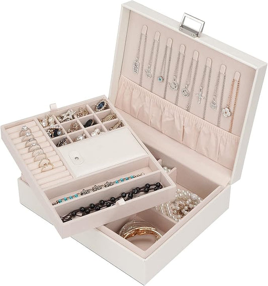 ATAIMEISEN Jewelry Organizer Box for Girls Women - Double Layer Large Travel Jewelry Case with Gift Box/White