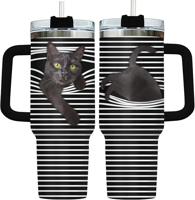 34HD Cute Black Cat Tumbler 40oz with Handle and Straw, Striped Peeking Cat Stainless Steel Vacuum Insulated Travel Coffee...