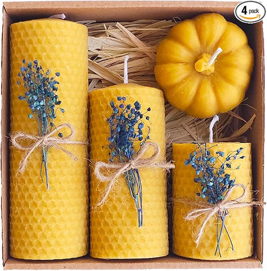 Beeswax Candle Gift Set – 4 Natural Candles with Blue Dried Flowers & Pumpkin Box – Handmade Decorative Candles for Holida...